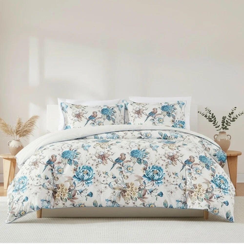 NEW Anthro White Blue Floral Bird Cotton Boho Queen King Bedding Duvet Sham Set - Picture 10 of 14